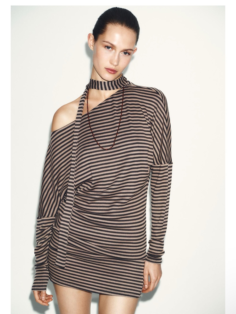 Zara Striped One-Shoulder Tunic Top in Brown and Black